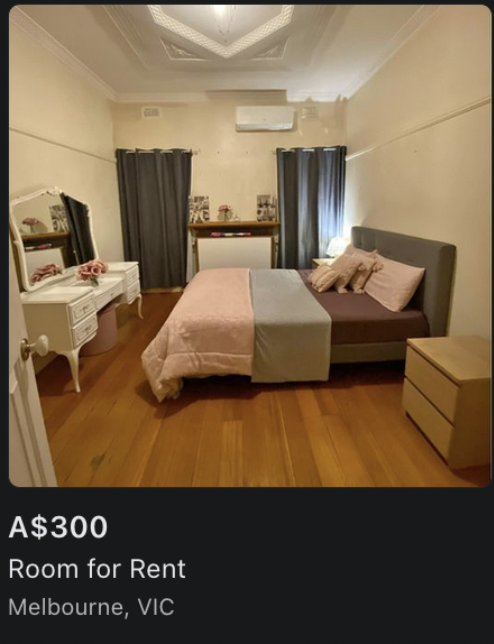 The image shows a screenshot of a listing on Facebook Marketplace for a room to rent in Melbourne. The price says "A$300". Visually, the image shows a bedroom with a bed and a dresser